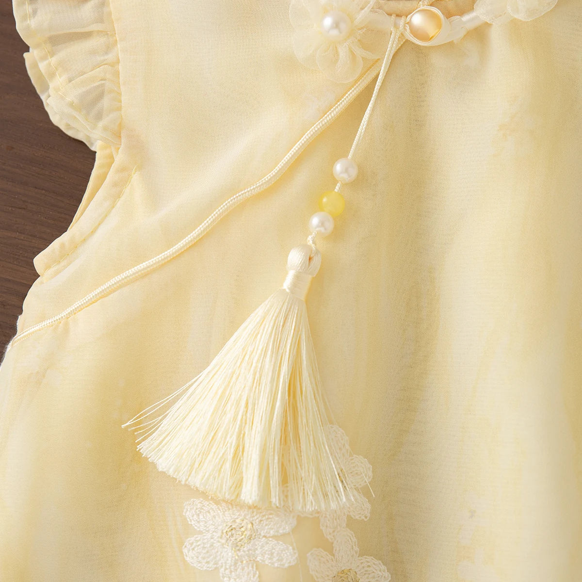 Chinese Style Cheongsam Toddler Dress Yellow Flower Embroiderey Fly Sleeve Yarn Dress Elegant Girl Party Dress