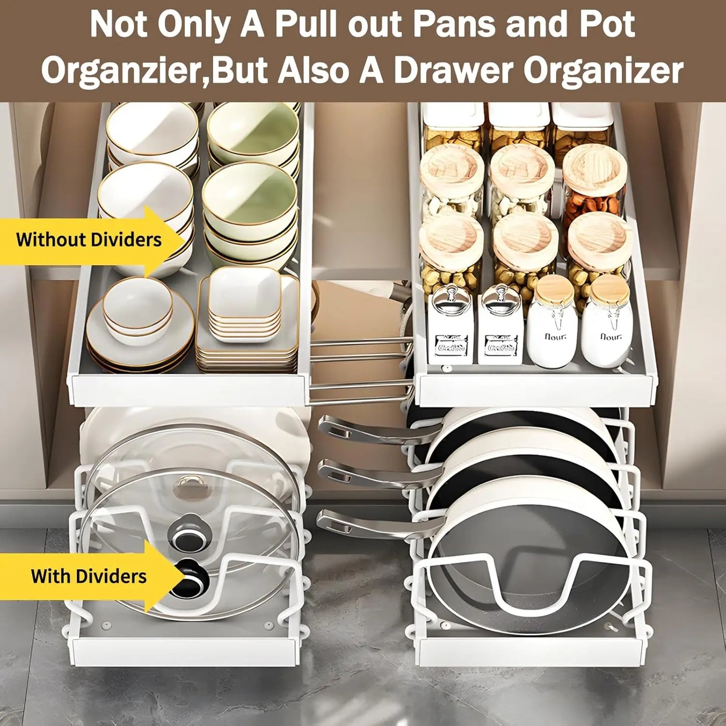 Pull Out Pots Pans Organiser for Under Cabinet Pull Out Cabinet Organiser Storage Pot Lid Organiser holder Adjustable Dividers
