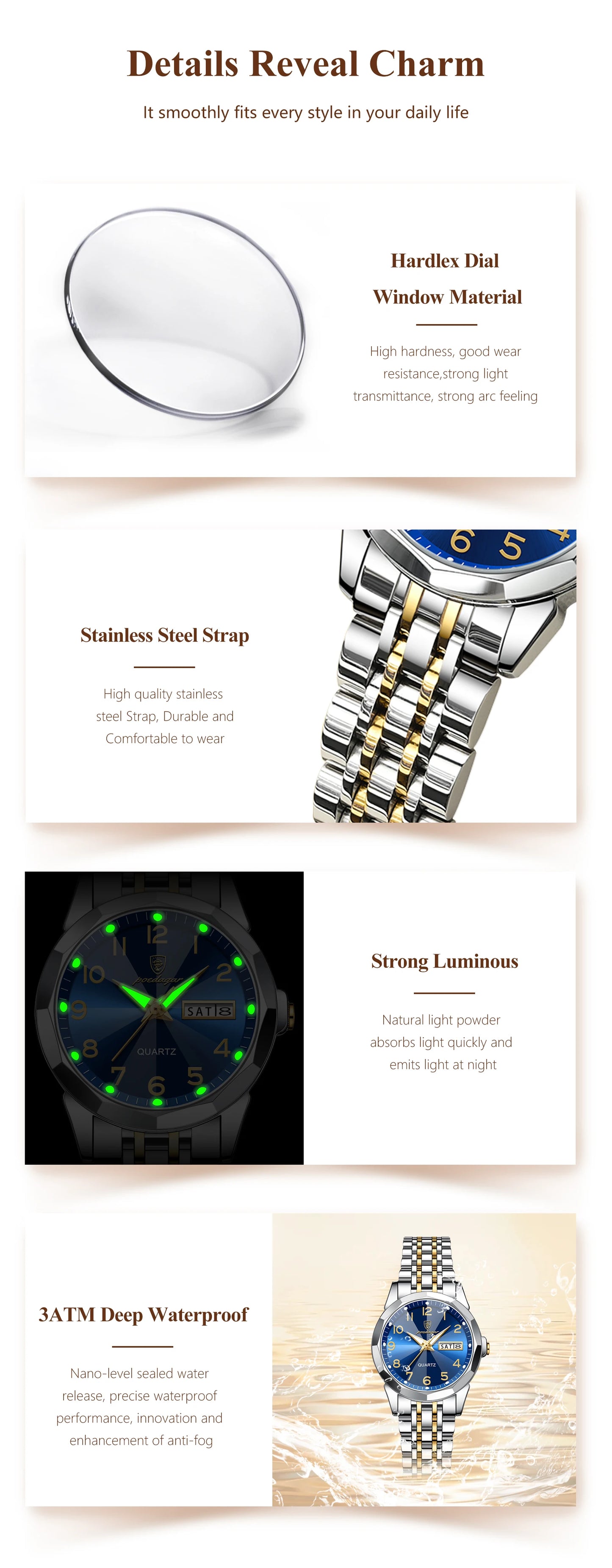 POEDAGAR Top Fashion Watches For Couple Waterproof Date Week Couple's Watches Quartz Stainless Steel Couple Watch Lovers Set+Box