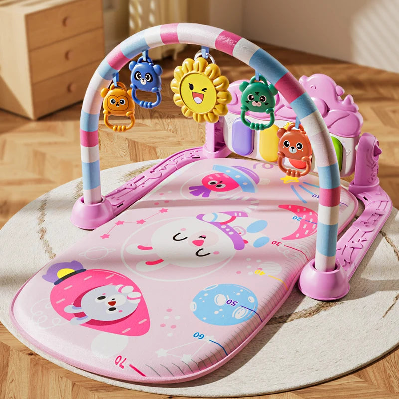 Baby Activity Play Mat with Music & Lights, 5 Detachable Sensory Toys Kick Piano Mat, Tummy Time Game Playmat Easy Assembly Moto