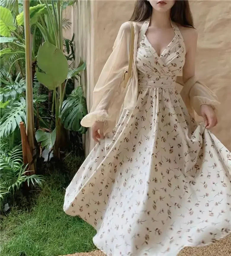 Summer New Gentle Wind Fragmented Flower V-Neck Sling Dress Set Waist Wrap Neck Hanging Long Dress Thin Sun Protection Cardigan