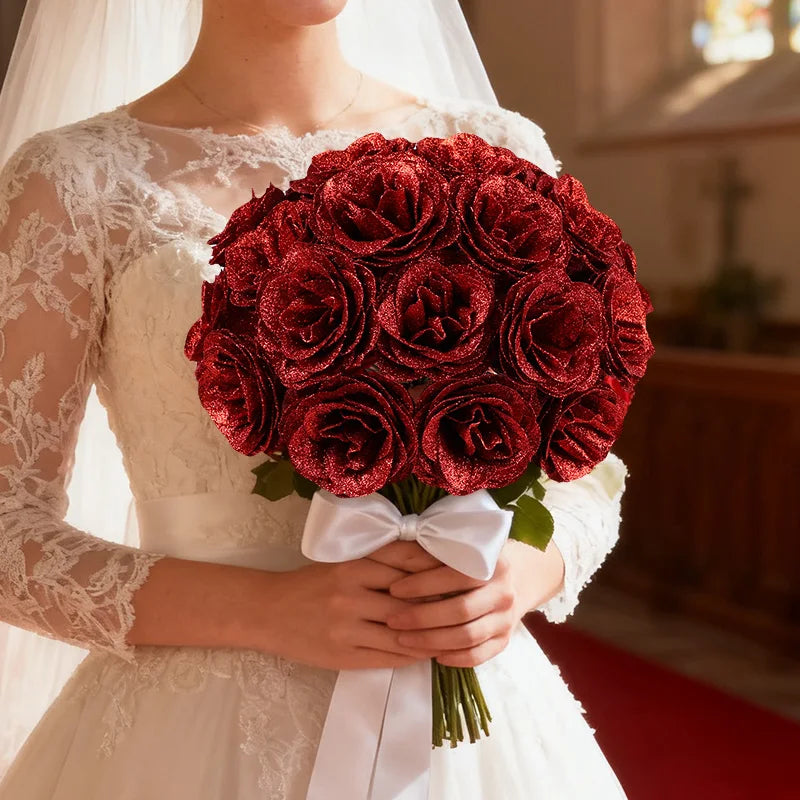5-20Pcs Red Glitter Artificial Rose Flowers Bouquet Wedding Bridal Shower Decoration Valentines Day Gift Birthday Party Decor
