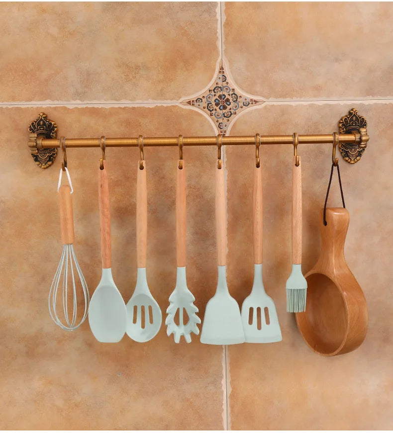 Wall Mounted Kitchen Storage Rack Shelves with Movable Hook Spoon Holder Organiser Kitchen Utensil Accessories Kitchen Tools