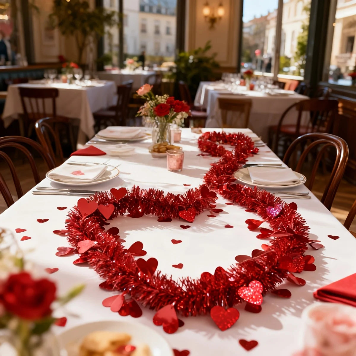 6-meter Artificial Valentine's Day Heart-shaped Vine - Festival Decoration Artificial Flower - Red Heart-shaped Hanging Ribbon