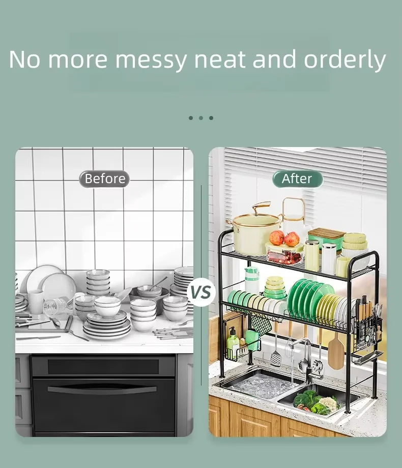 Over The Sink Dish Drying Rack, Metal Dish Drying Racks for Kitchen Counter with Hooks, Utensil Holder, 85cm, Kitchen Essentials