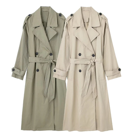 Women Trench Coat With Belt Solid Double Breasted