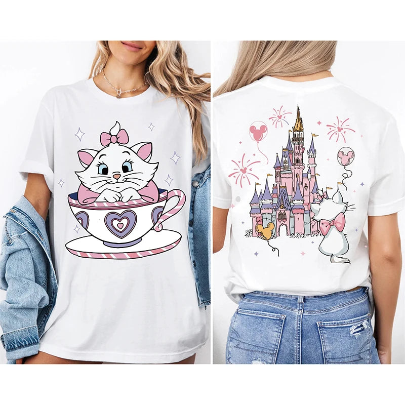 2025 Summer New The Aristocats Cartoon Anime Printed T-shirt Women's Fashion Casual T-shirt Mary Cat Crazy Teacup Party Shirt