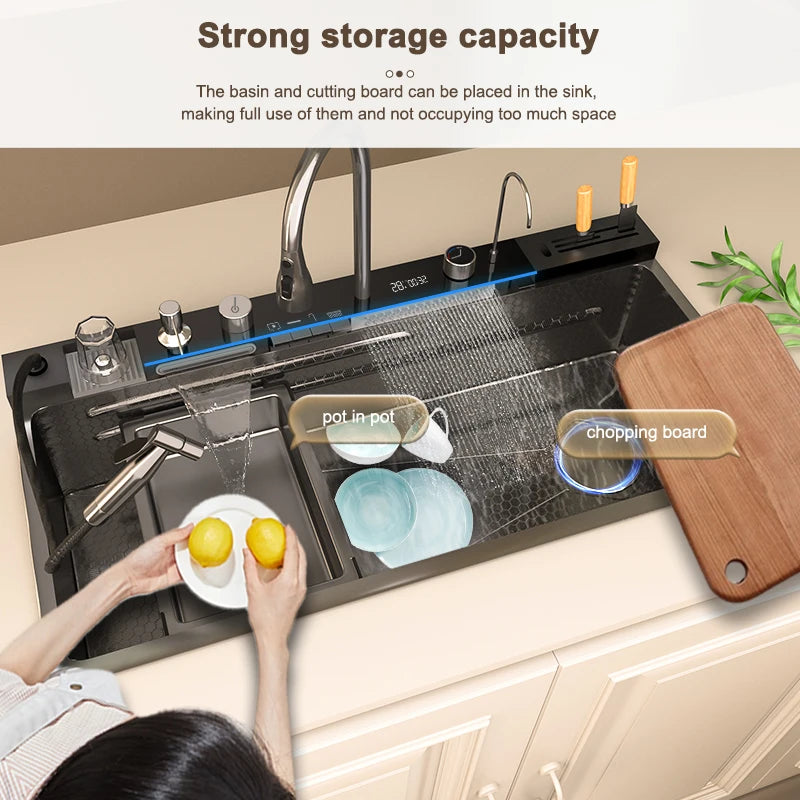 Kitchen Sink Stainless Steel Waterfall Sinks Extra Large Single Slot with Digital Display Faucet Set For kitchen