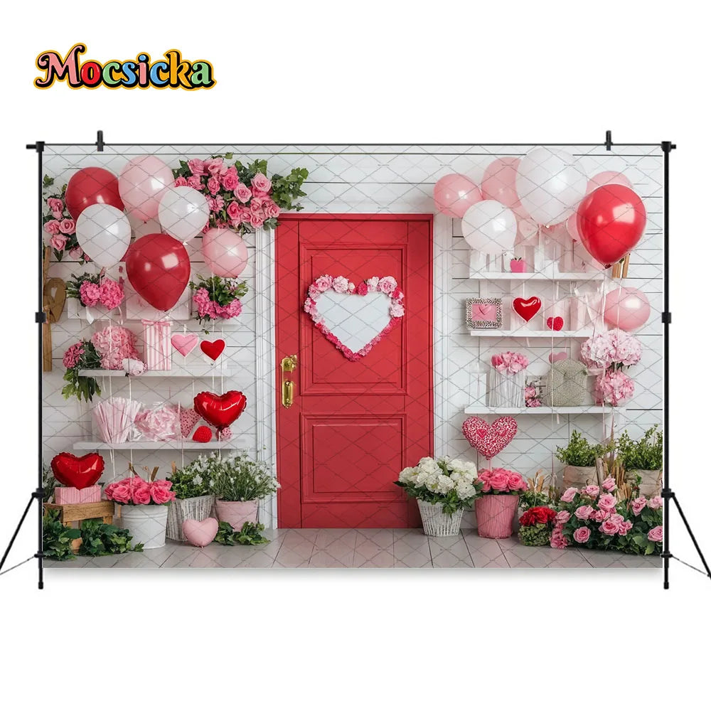 Mocsicka Valentine's Day Shop Backdrop Photography Pink Storefront Heart Balloon Red Rose Background Kids Birthday Photo Studio