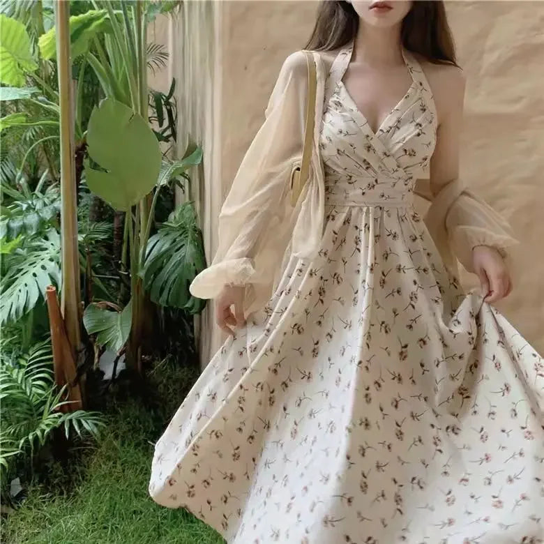 Summer New Gentle Wind Fragmented Flower V-Neck Sling Dress Set Waist Wrap Neck Hanging Long Dress Thin Sun Protection Cardigan