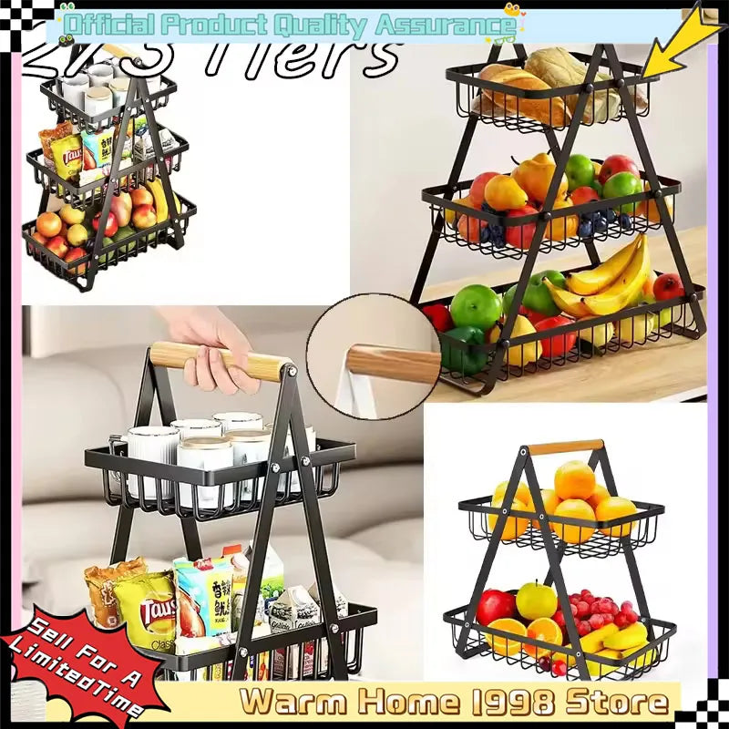 2-3 Tiers Countertop Fruit Basket Portable Iron Art Kitchen Organiser for Fruits Bread Snacks Storage Rack