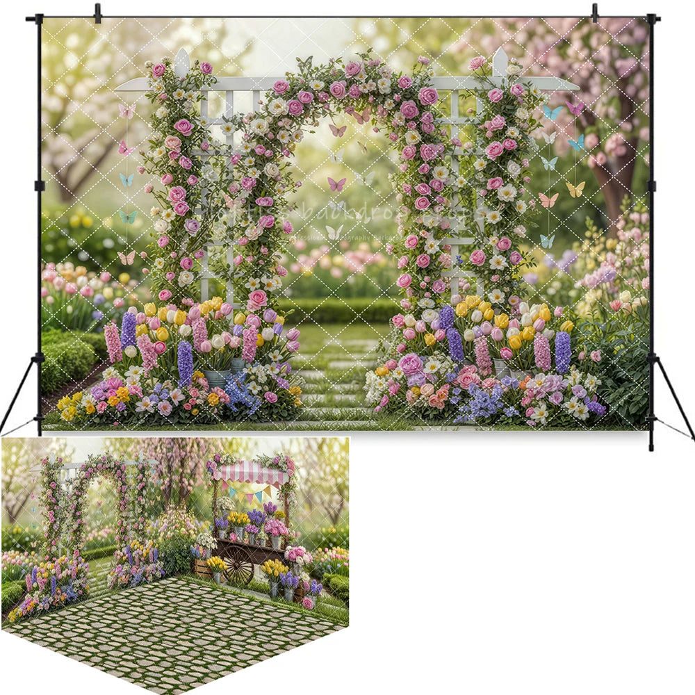 Valentine's Day Street Store Backdrops Kids Adult Photography Props Rose Garden Arch Floral Market Easter Bunny Backdrops