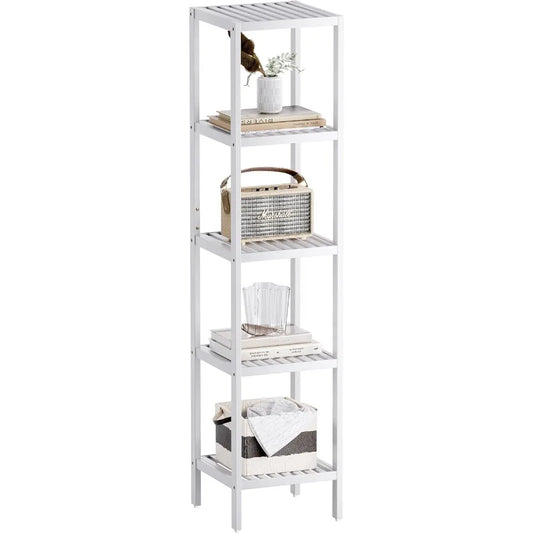 Bathroom Storage Shelf 5Tier Bamboo Rack Organizer Multifunctional Shelving Unit for Living Room Bedroom Kitchen White