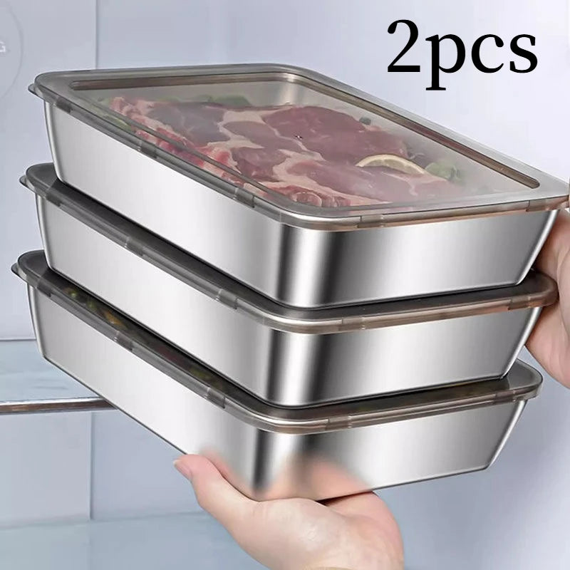 2pcs Stainless Steel Food Storage Container Rectangle Dish with Cover Noodles Fruit Tray Lunch Box Thick Refrigerator Plate