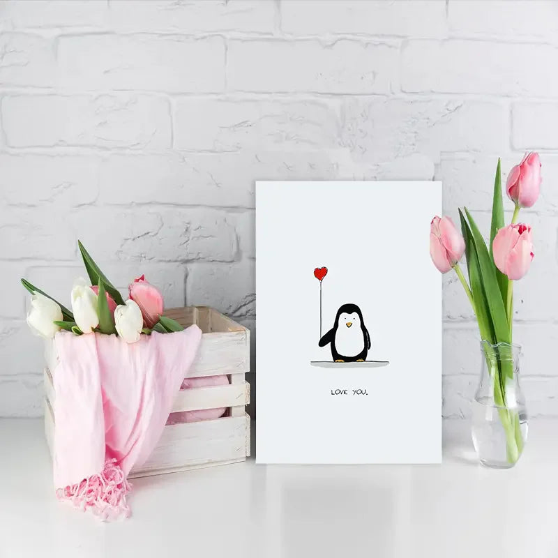 1pc Greeting cards, fun and creative, for family and friends, suitable for any occasion, penguins holding love balloons