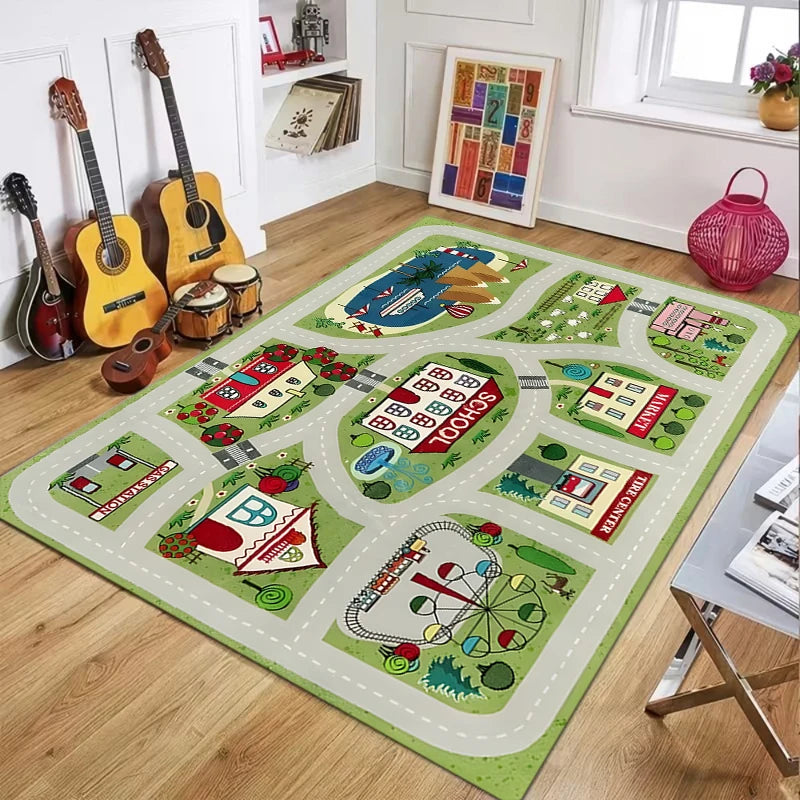 Pink Amusement Park Kids Play Rug, Interactive Town Road Track Carpet, Non-Slip Washable Play Mat for Toddler Bedroom  Carpet