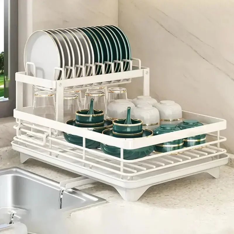 Double-layer Dish Rack Adjustable Draining Multifunctional Kitchen Countertop Organiser Hot-selling Bowls Plates Storage Saving
