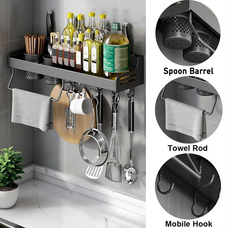 No Drill Kitchen Storage Rack Aluminum Wall Mount Spice Seasoning Spoon Knife Stand Holder Rag Dishcloth Rack Organizer Shelf