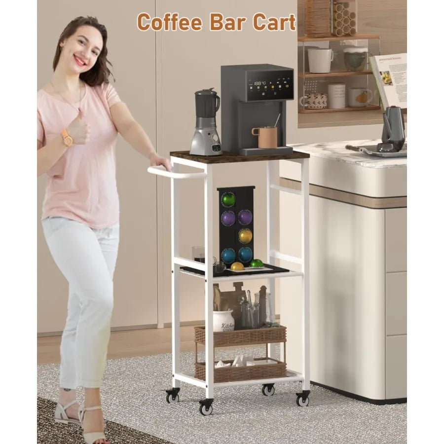 3Tier Rolling Kitchen Cart Microwave Stand on Wheel Movable Coffee Bar Cart with Metal Handle Bakers Rack with 8 Hooks Utility