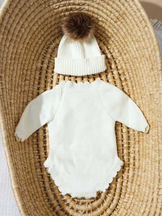 Ylsteed Hello World Knitting Newborn Photography Romper With Matching Pomp Hat Baby Boy Girl Sweater Outfits Photo Shooting-HD