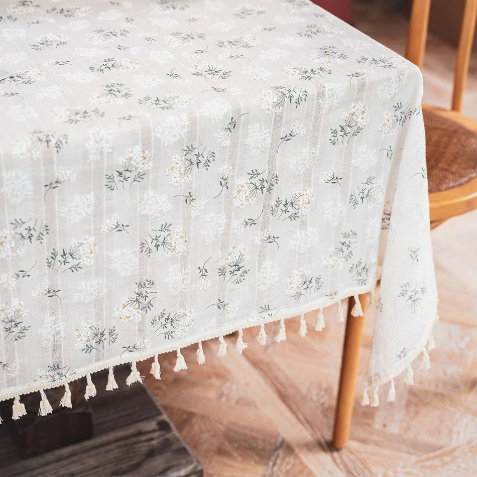 Korean Style Daisy Tassels Cotton Floral Table Cloth