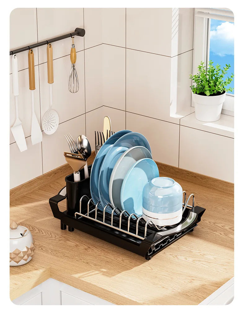 1pcs Expandable Small Dish Drying Rack Dish Racks for Kitchen Counter Dish Drainer with Removable Cutlery Holder