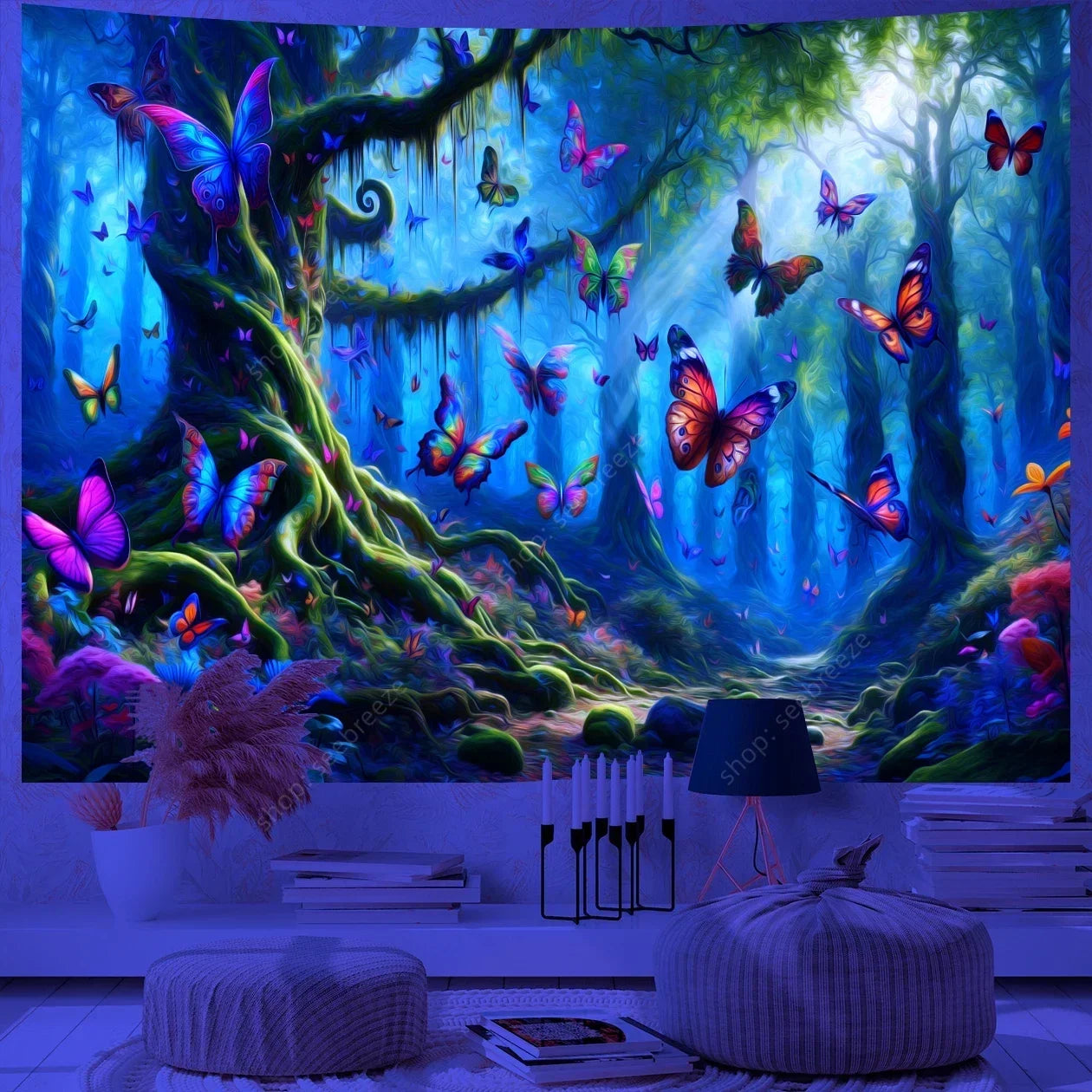 Butterfly Flower UV Reactive Tapestry Wall Hanging Hippie Boho Room Decor