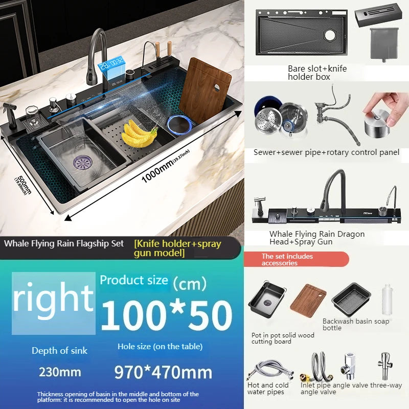 Stainless Steel Kitchen Sink With Waterfall Extra Large Single Bowl Digital Display Multifunctional Dishwashing Sinks