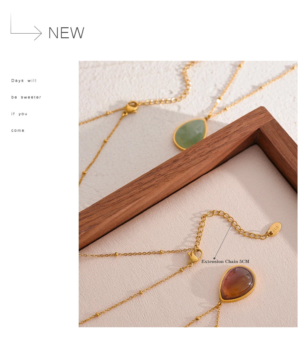 Yhpup Water Drop Amethyst Green Aventurine Natural Stone Necklace Stainless Steel Fashion Charm Pendant Jewelry Tarnish Free