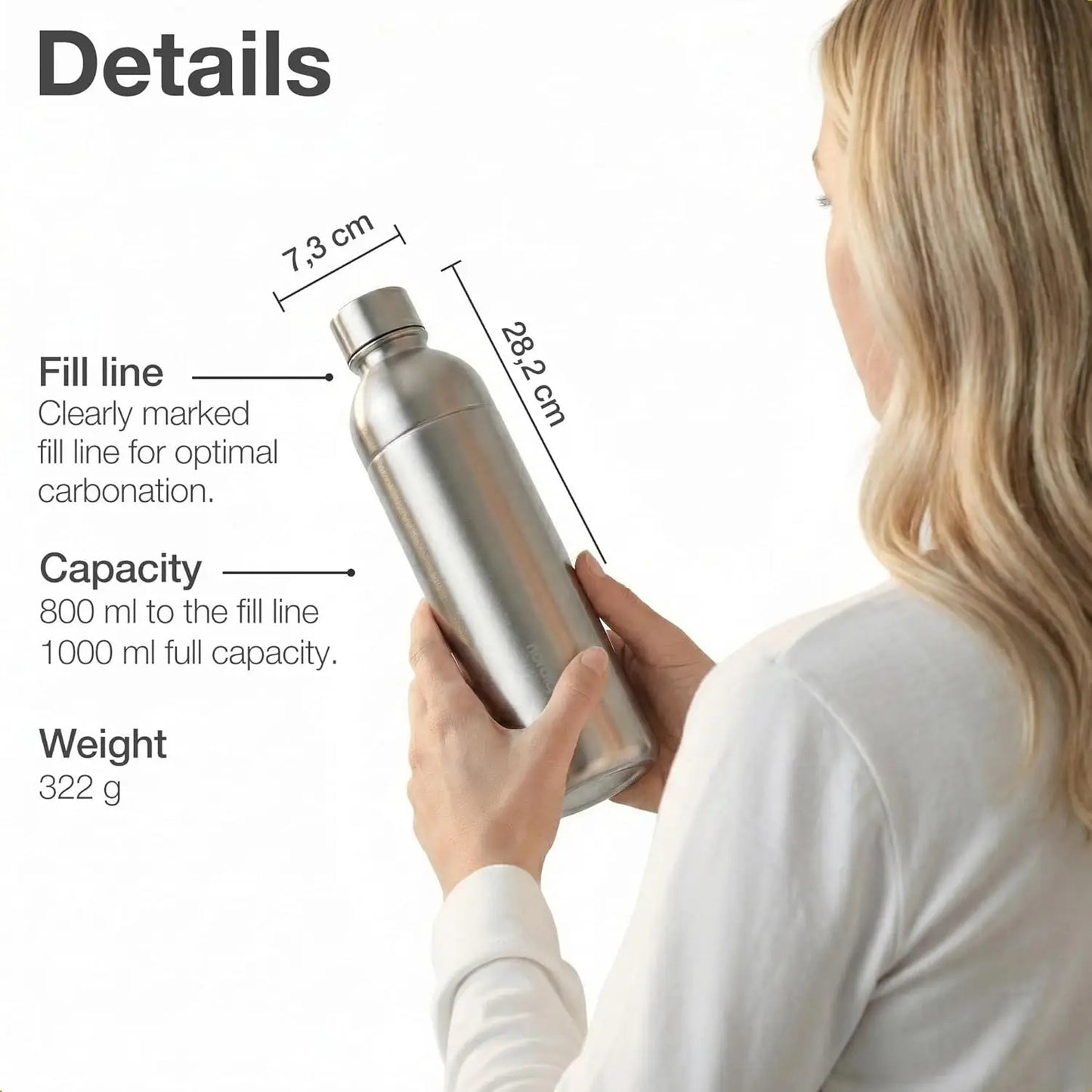 1L Stainless Steel Carbonating Bottle| Compatible with Aarke Carbonator 3, SodaStream Duo & Plastic