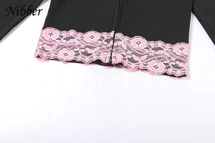 Nibber Lace Patchwork Woman 2 Piece Set Hooded Zip Crop Jacket+Patchwork Flare Pants Matching Streetwear Casual Matching Outfits