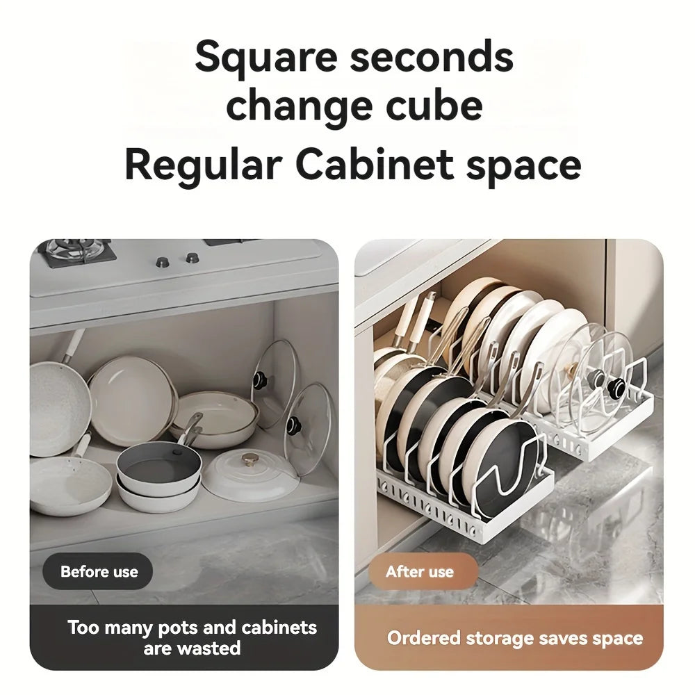 Cookware and Frying Pan Storage Rack with Pull-Out Lid Storage Box, Suitable for Placement under the Cabinet, Featuring a Pot Lid Rack with 8 Adjustable Dividers