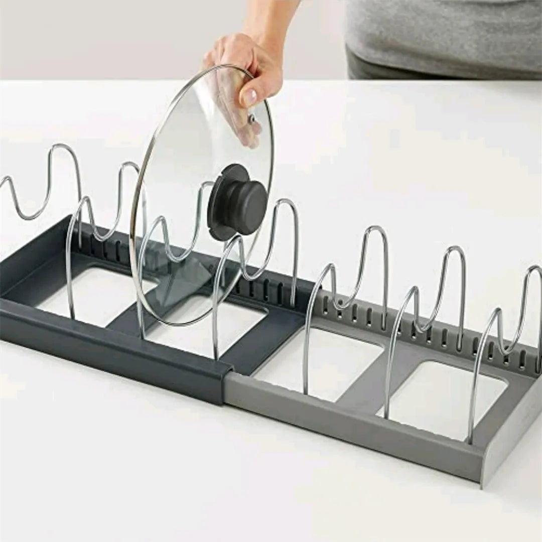 Expandable Kitchen Drawer Organiser for Cookware, Pots, Pans, Lids & Baking Trays – Adjustable Pot Lid Holder Rack