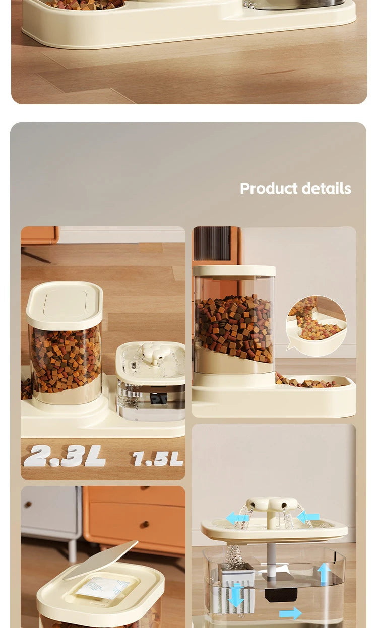 2 in 1 Automatic Pet Feeder Water Fountain Cat Dog Food Bowl with Circulating Flow Anti-Slip Splash Proof Slow Feeding Dish