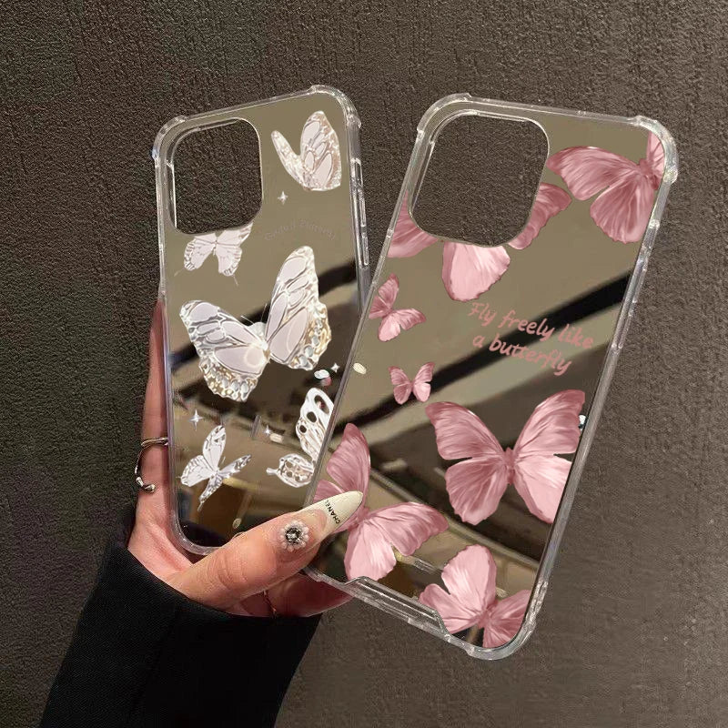 Pink Butterfly Mirror Phone Case For iPhone 16 15 14 13 12 11 Pro Max XS X XR 7 8 Plus SE Make Up Mirror Shockproof Soft Cover