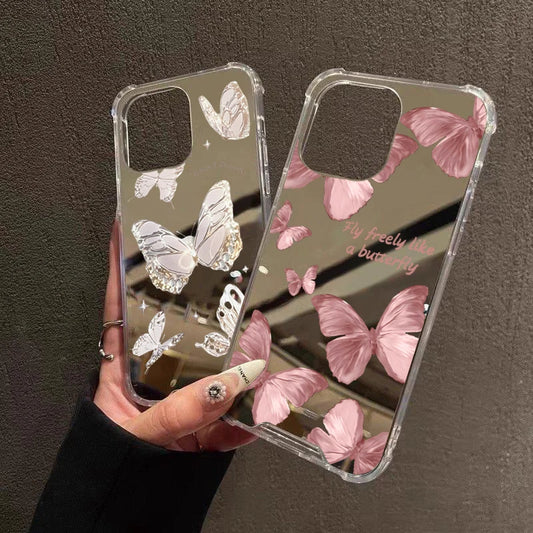 Pink Butterfly Mirror Phone Case For iPhone 16 15 14 13 12 11 Pro Max XS X XR 7 8 Plus SE Make Up Mirror Shockproof Soft Cover