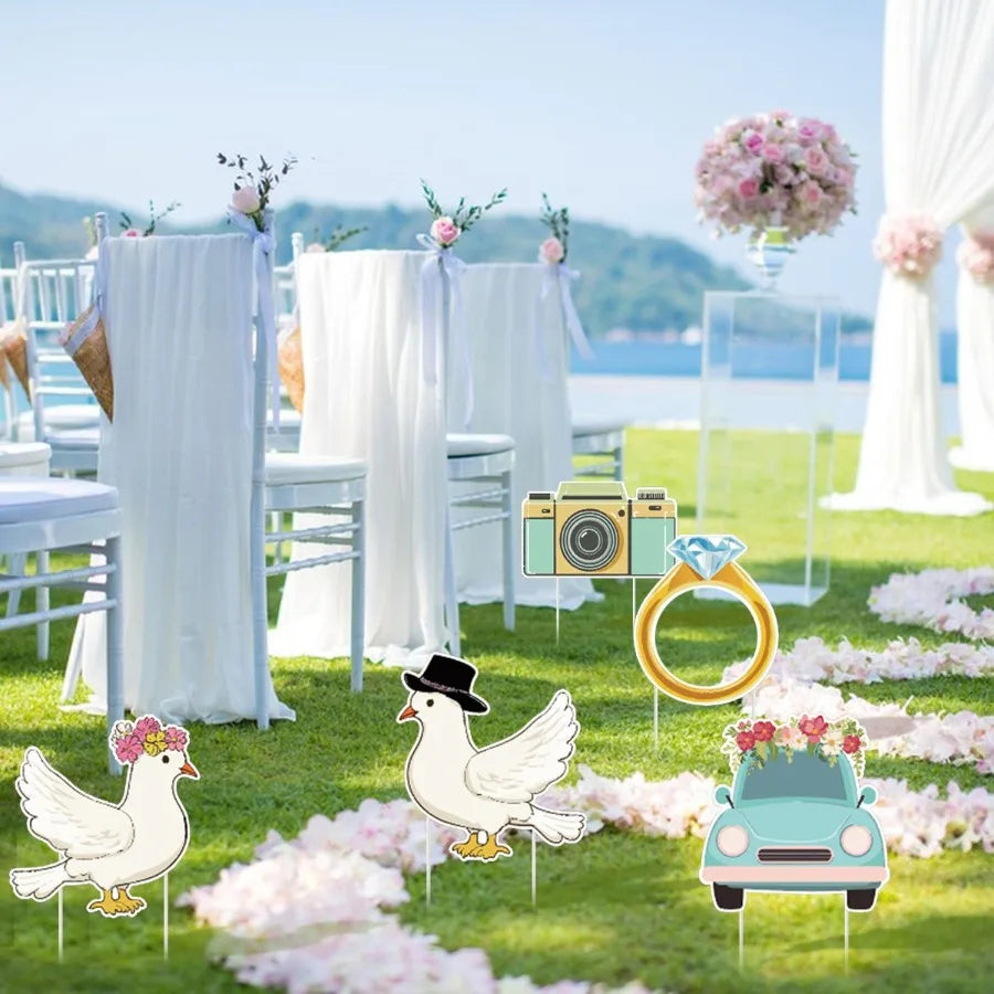 5Pcs Wedding Theme Party Yard Signs with Stakes Pigeon Ring Camera Pattern Road Dration Wedding Reception Plastic Welcome Sign