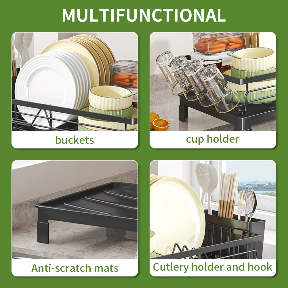 Dish Drying Rack, Rustproof Kitchen Dish Drainer,  Dish Racks with Cutlery Holder Cup Holder & Drainboard, for Kitchen Counter