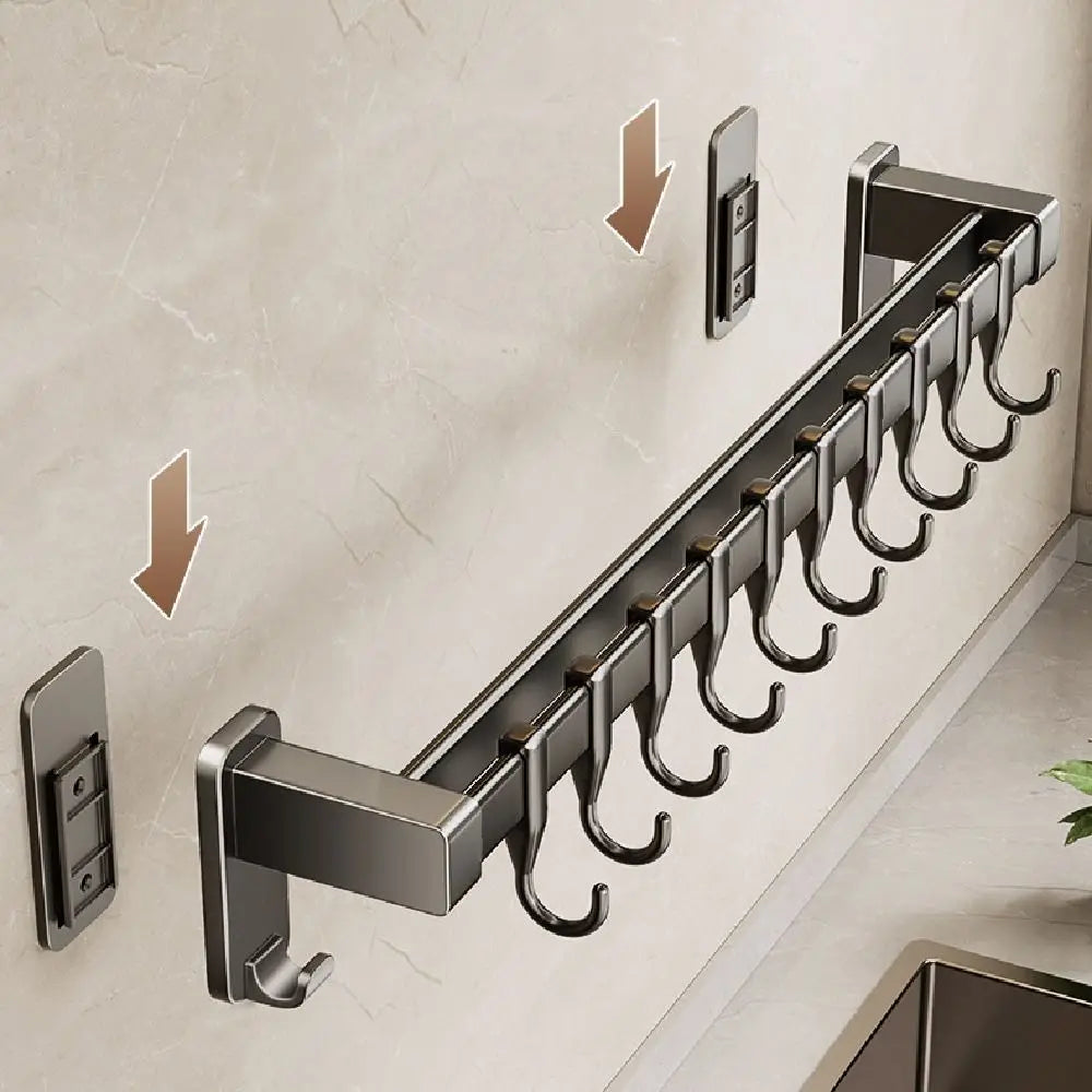 Aluminum Kitchen Organiser Hook Double Pole Wall Mounted Pot Lid Rack Non Punching Movable Hook Spatula Storage Rack Home