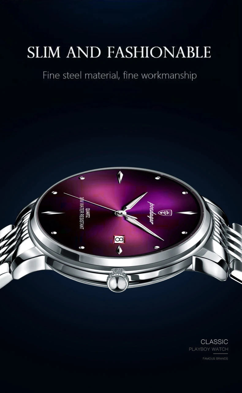 POEDAGAR Business quartz men's watch stainless steel waterproof night light date men's watch luxury casual simple men's watch