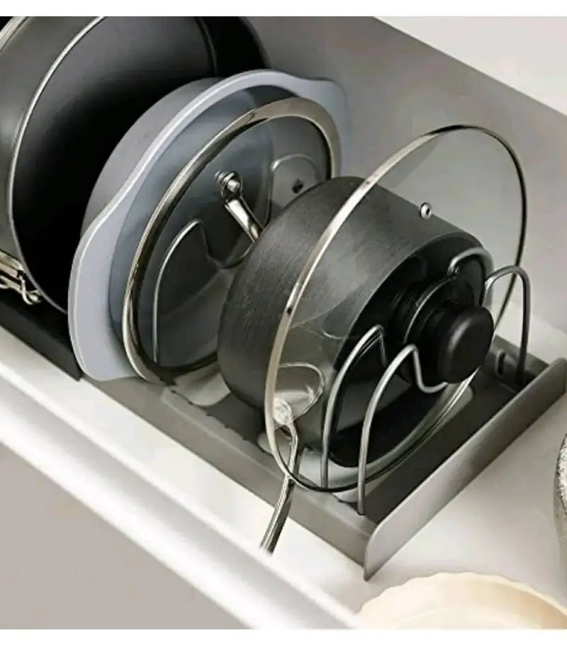 Expandable Kitchen Drawer Organiser for Cookware, Pots, Pans, Lids & Baking Trays – Adjustable Pot Lid Holder Rack