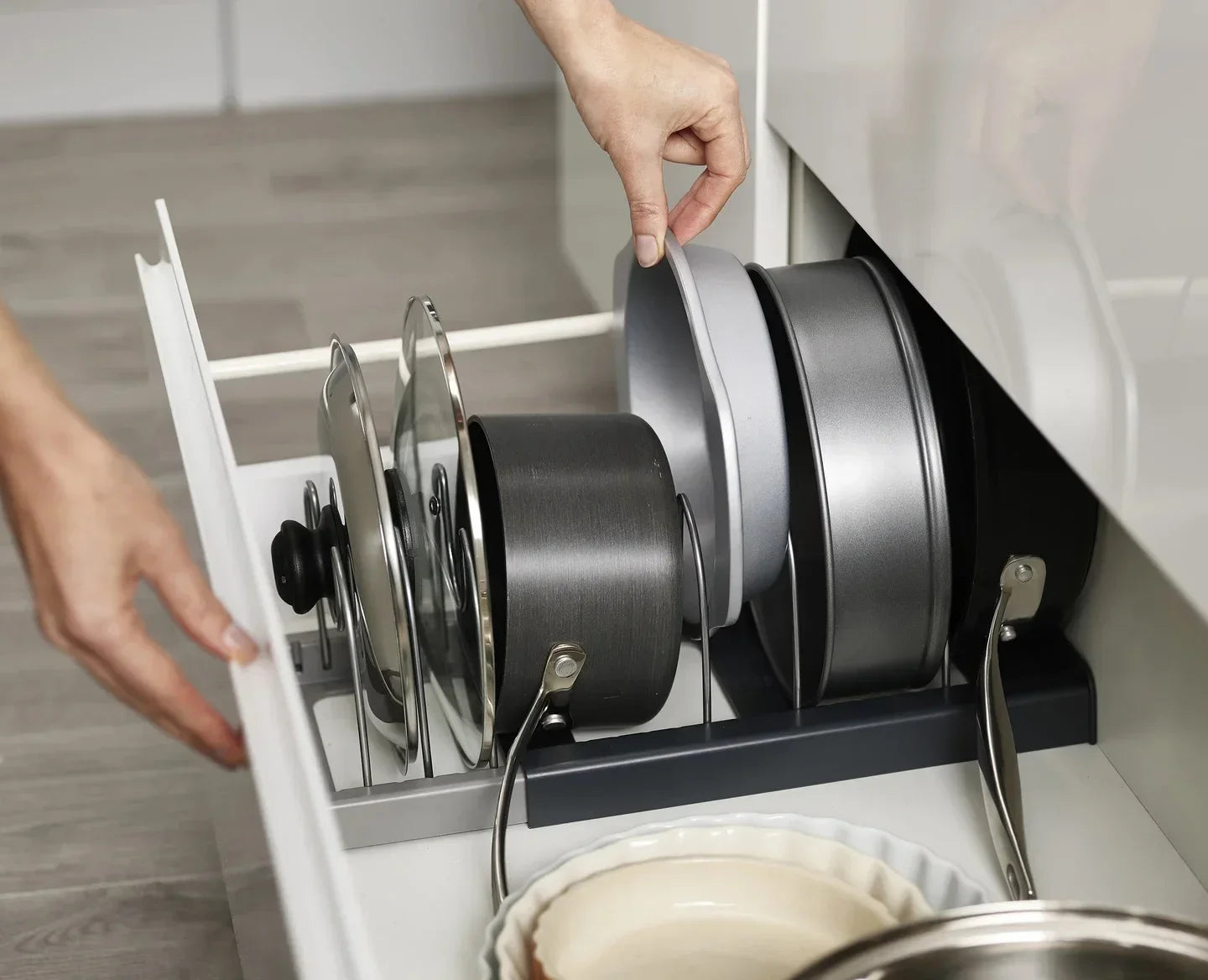 Expandable Pots and Pans Storage Rack for Cabinets Pot and Lid Holder with 6 Adjustable Shelves for Kitchen Organisation Tools
