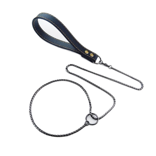 Integrated Dog Slip Chain Collar Leash 3Integrated Dog Slip Chain Collar & Leash – 304 Stainless Steel Choke Collar with Leather Handle for Training and Show04 Stainless Steel Dog Metal Choke Collar Pet Training Leash Show with Leather Handle