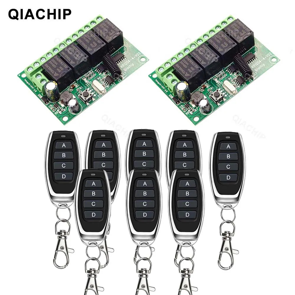 QIACHIP 4CH 433.92MHz Relay Module – DC 5V/12V/24V/48V 10A Wireless Remote Control Switch for EV1527, DC Motor DIY