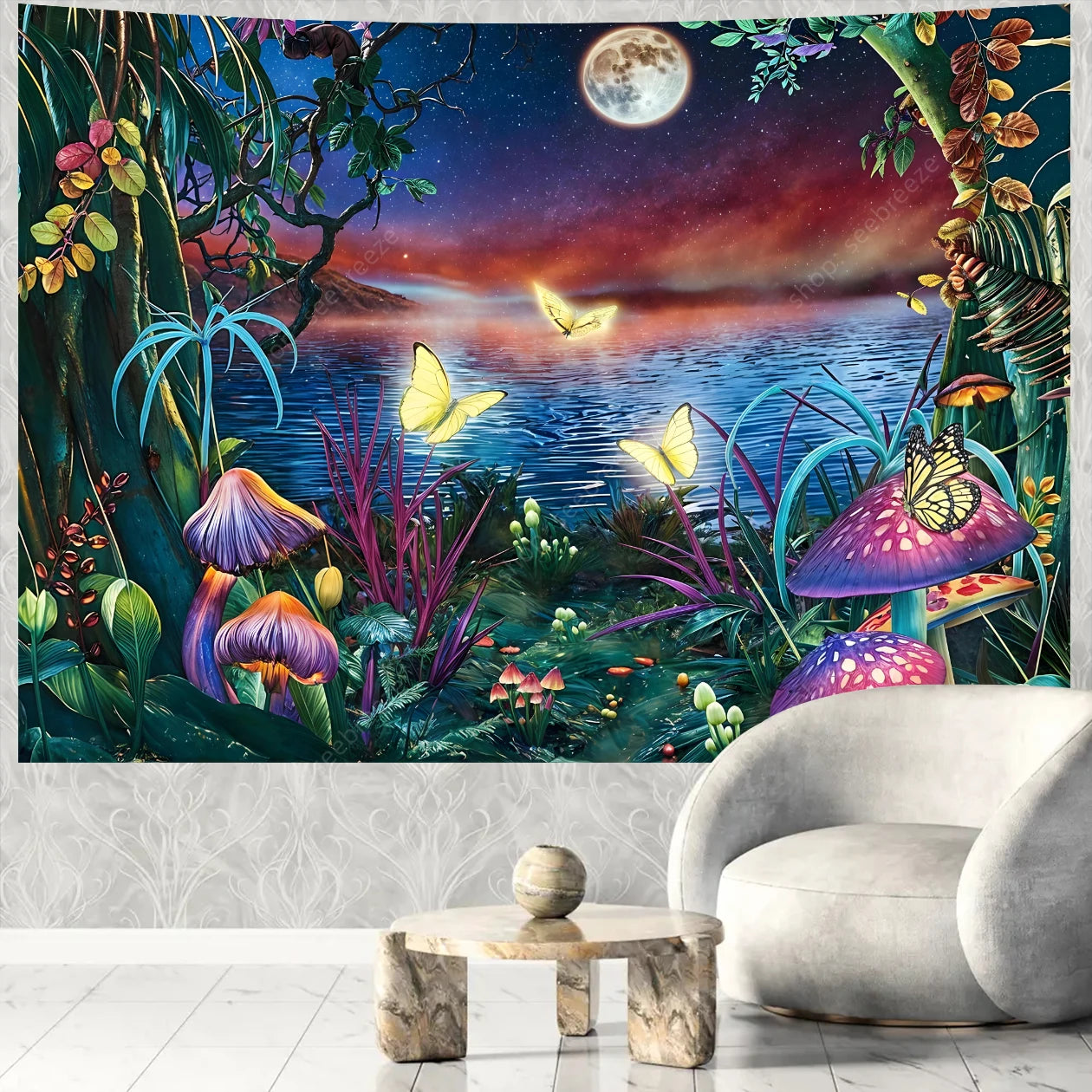 Butterfly Flower UV Reactive Tapestry Wall Hanging Hippie Boho Room Decor