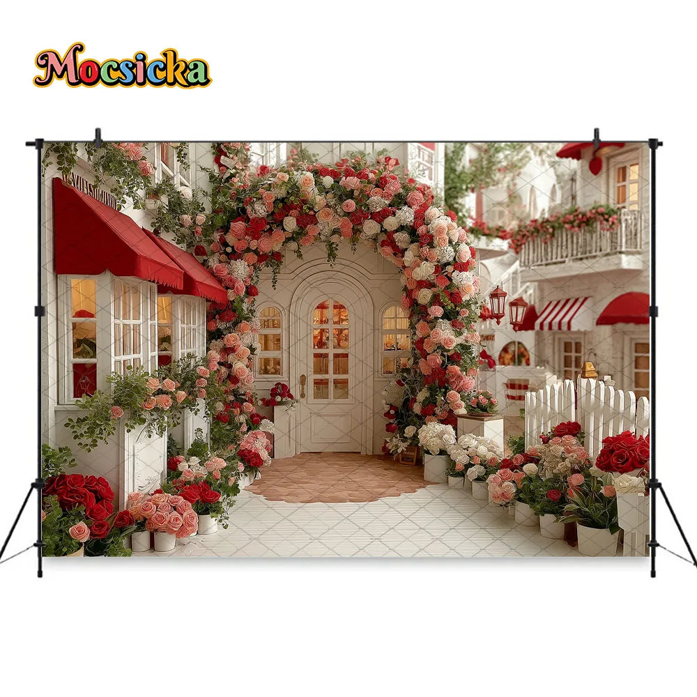 Mocsicka Valentines Day Flower Shop Backdrop Photography Red White Striped Floral Garden Background Kid Photo Shoot Studio Decor
