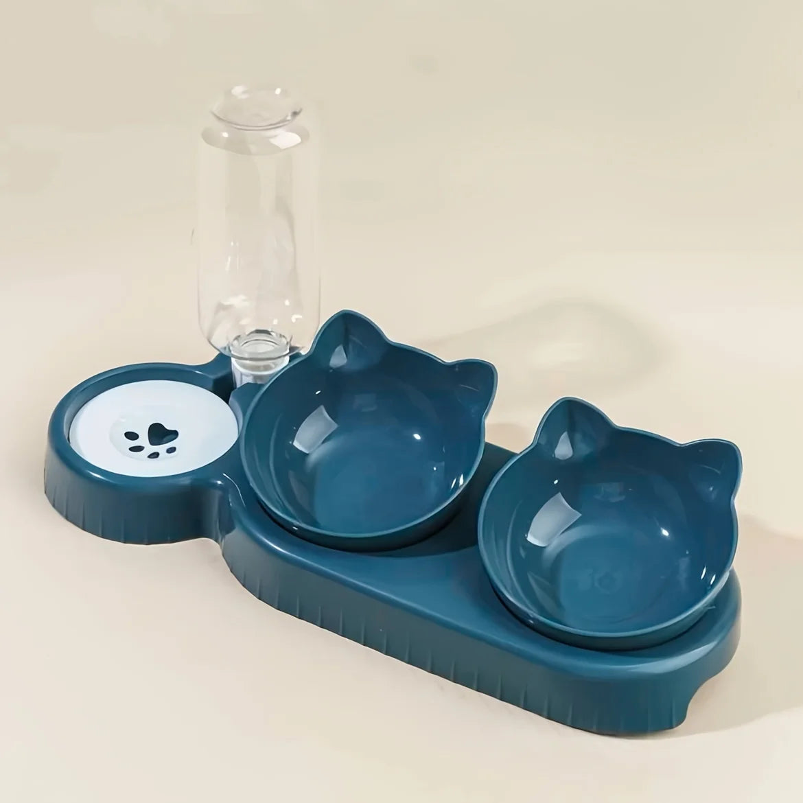 3 In 1 Ear Design Tilted Cat Water And Food Bowl Set With Gravity Water Bottle