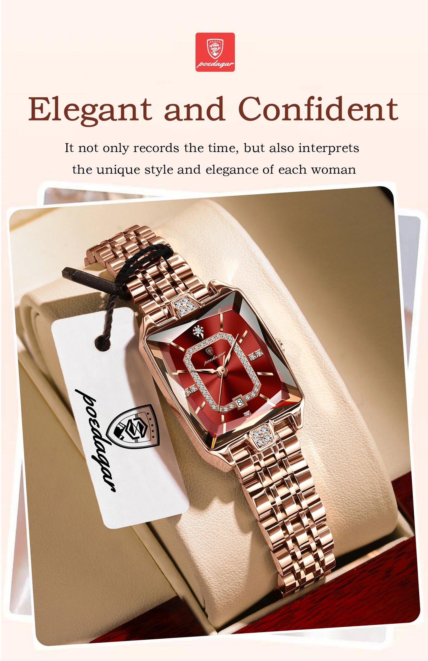POEDAGAR Fashion High Quality Women Wristwatch Waterproof Date Ladies Watch Rectangle Stainless Steel Women's Quartz Watches+Box