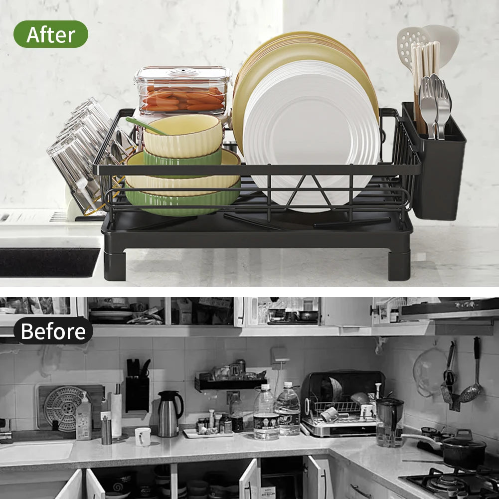 Dish Drying Rack, Rustproof Kitchen Dish Drainer,  Dish Racks with Cutlery Holder Cup Holder & Drainboard, for Kitchen Counter