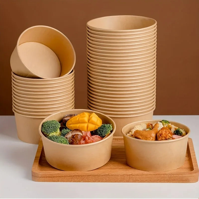 15/30PCS Kraft Paper Bowls Disposable Bowls with Lid Salad Vegetable Soup Kitchen Restaurant Party Snack Storage Supplies